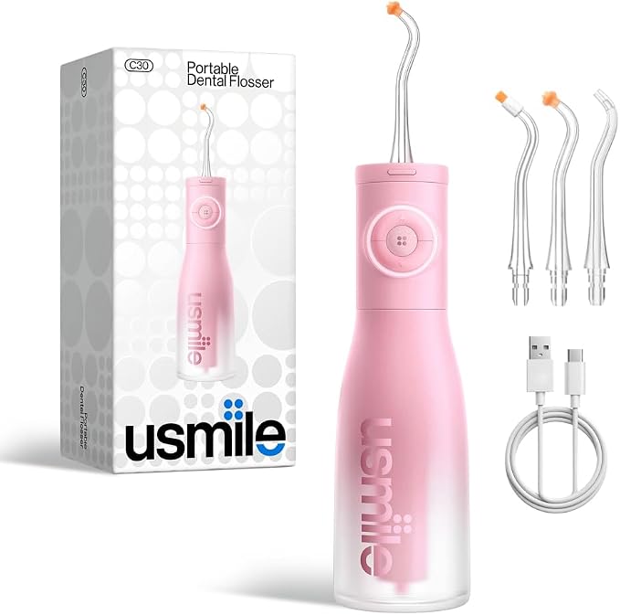 usmile C30 Cordless Water Flosser, 300ml Tank, 5 Modes, IPX7, Pink | S-Shaped Nozzle, USB-C Rechargeable Po...