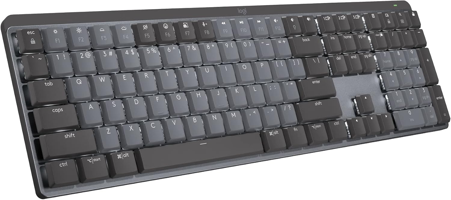 Logitech MX Mechanical Wireless Illuminated Keyboard Tactile - Graphite Low-profile full-size, 3 device Bluetooth pairing, Smart backlight auto-adjusts, USB-C rechargeable, Up to 15 day battery