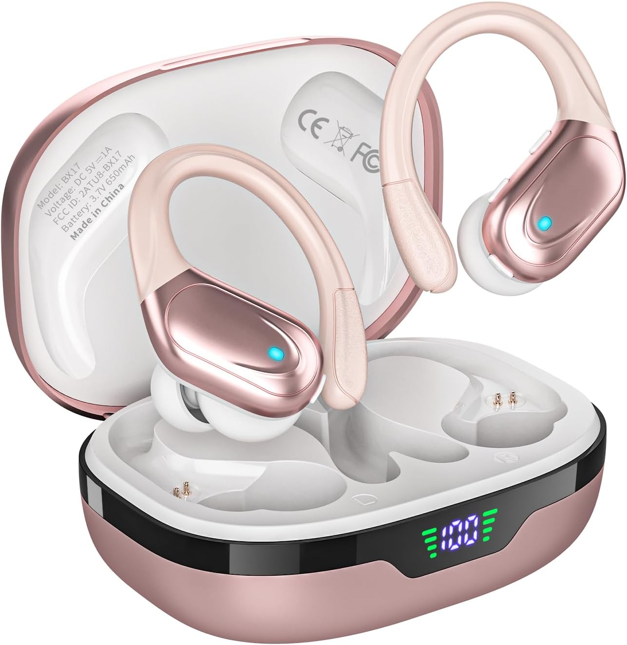 HAOYUYAN Wireless Earbuds, Sports Bluetooth Headphones, 80Hrs Playtime Ear Buds with LED Power Display, Noise Canceling Headset, IPX7 Waterproof Earphones for Workout/Running(Rose Gold)