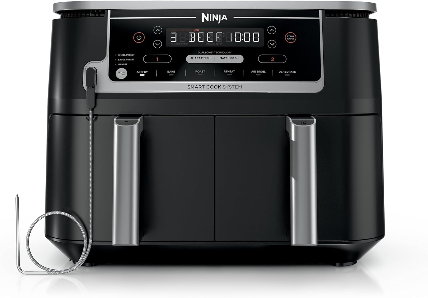 Ninja Foodi Air Fryer, 10 Qt DualZone Smart XL, 6-in-1, Black, DZ550 Air fry, roast, broil, bake, reheat, dehydrate, Smart Cook thermometer, Match Cook, Smart Finish