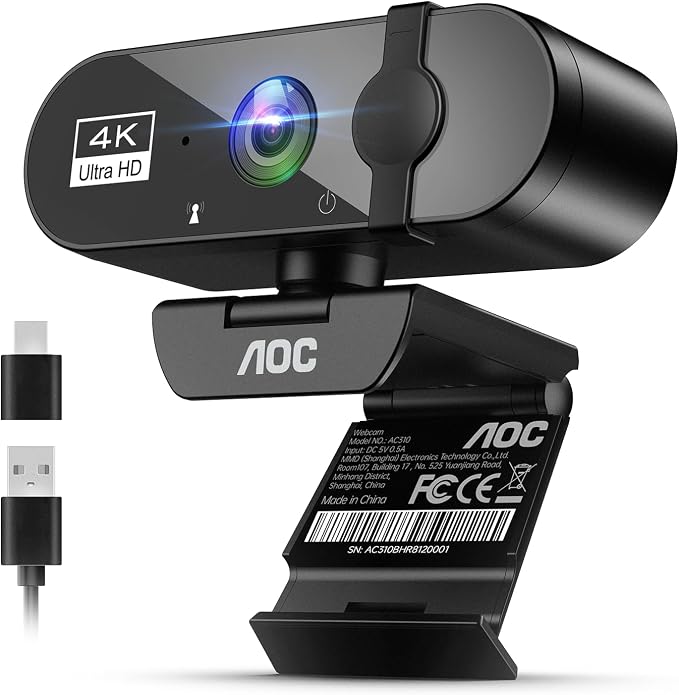 AOC 4K Webcam for PC, Streaming Computer Camera with Noise-Canceling Mic 80° FOV, Privacy Cover, Plug & Play, Zoom/Skype/FaceTime Compatible, Works with Mac/Laptop/Switch 2, USB C-A Adapter Included