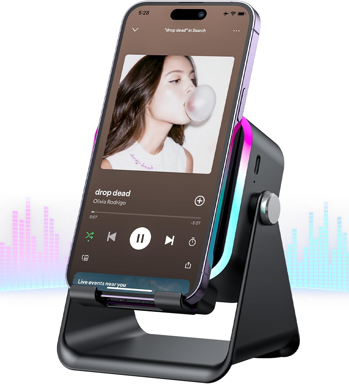 Induction Speaker 5-in-1 Wireless Bluetooth Audio for iPhone Android No Pairing Needed, Adjustable Stand, RGB Light, Louder Sound, USB Wired Phone Charging, Cool Tech Gift for Men Women Teens