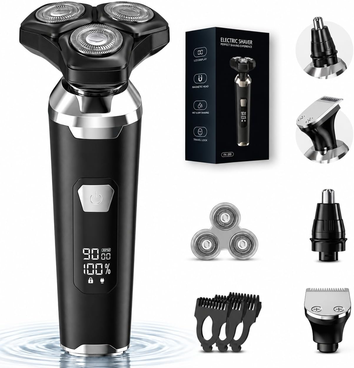 Electric Razor for Men: Waterproof Electric Shaver 3-in-1 Grooming Kit 4D Floating Electric Razor with Upgraded Curved Foil, Magnetic Removable Head, LED Display