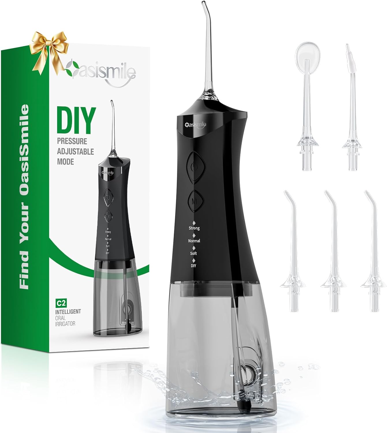 OasiSmile C2 Water Flossers for Teeth, Oral Irrigator with DIY Pressure 350ML Larger Tank, 5 Jet Tips, 4 Modes, Cordless Electric Water Dental Pick for Braces, Sensitive Gums, IPX7 for Home Travel