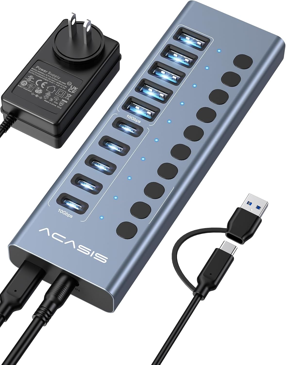 ACASIS 10 Ports Powered USB 3.2 Hub (5 USB-A 3.2 +5 USB-C 3.2), 10Gbps | Individual On/Off Switch for Each ...