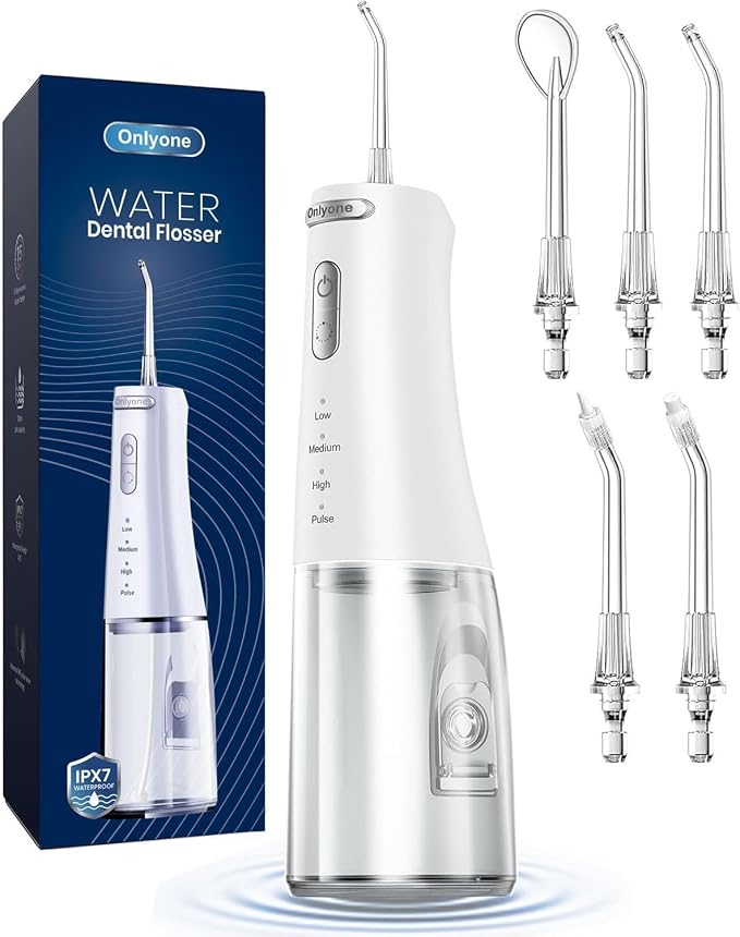 Onlyone Water Flosser with Adjustable Water Pressure for Daily Oral Care Rechargeable Portable Oral Irrigator for Orthodontic & Sensitive Gums, Cordless for Home and Travel Use,300ML Larger Tank