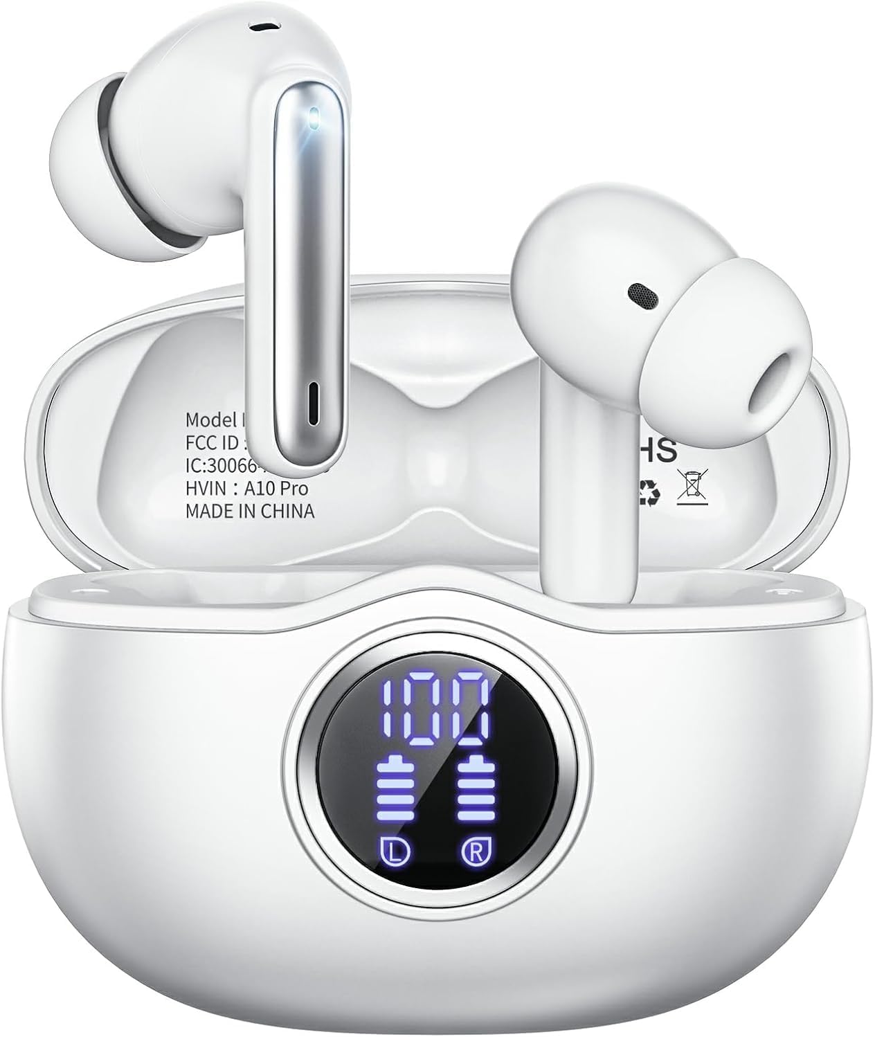 Wireless Earbuds, Bluetooth 6.0 Headphones HiFi Stereo 50H Playback LED Digital Display Ear Buds with ENC Noise Canceling Headset, IPX7 Waterproof Earphones for Gym/Running/Work（White）
