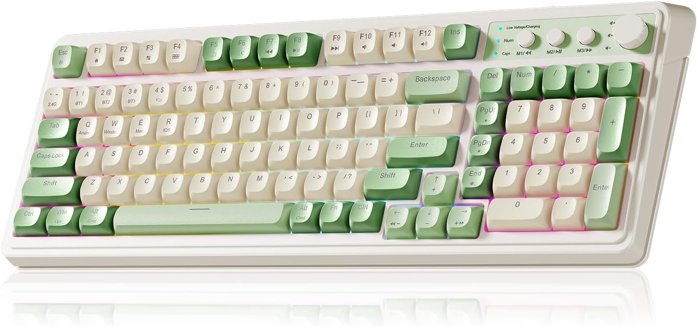 AULA S99 Gaming Keyboard, Wireless Green Creamy Computer Keyboards | Tri-Mode Bluetooth/2.4GHz/USB-C Membrane Keyboard with Number Pad,99Keys,RGB Backlit,Programmable,Creamy Silicone Structure