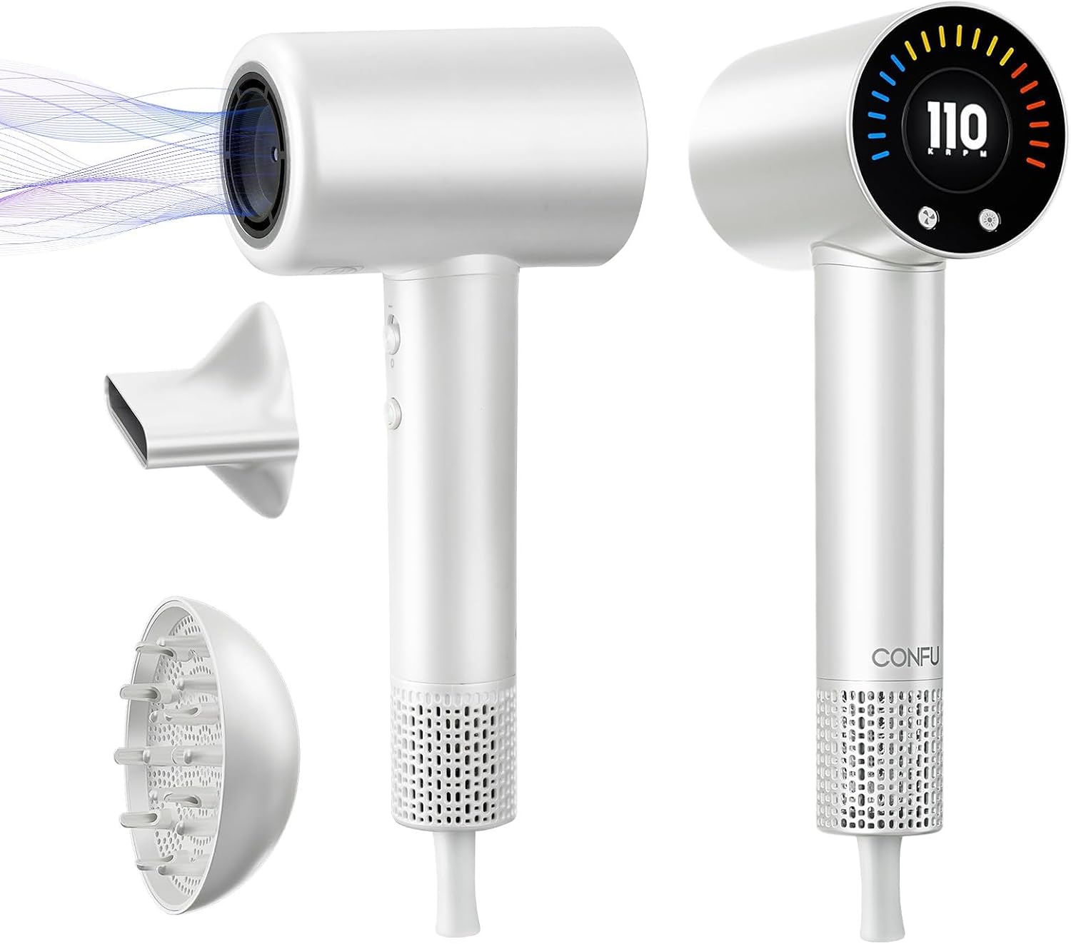CONFU Hair Dryer, 110000 RPM Fast Drying Blow Dryer with Magnetic Diffuser and Concentrator, Professional Lightweight Ionic Hair Dryer for Women and Men White