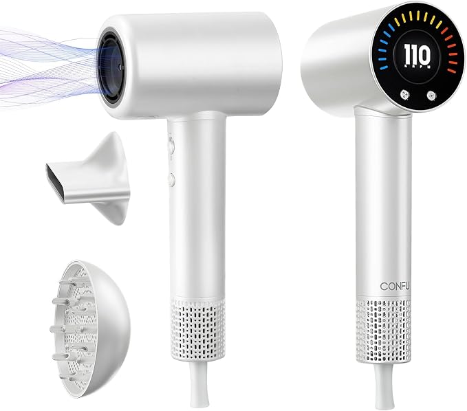 CONFU Hair Dryer, 110000 RPM Fast Drying Blow Dryer with Magnetic Diffuser and Concentrator, Professional Lightweight Ionic Hair Dryer for Women and Men White