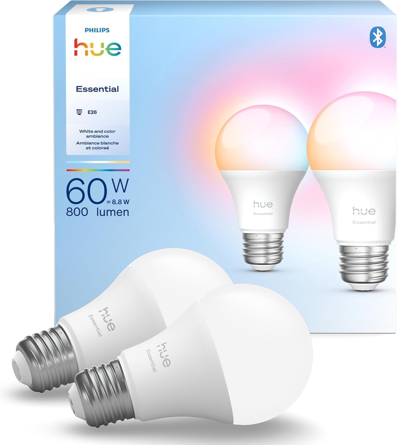 Philips HueEssential Smart LED A19 Bulb, White and Color Ambiance, E26 Base, 8.8W, 2200K-6500K, 800 Lumens, Dimmable, Works with Alexa, Google, and Apple Home, 2-Pack