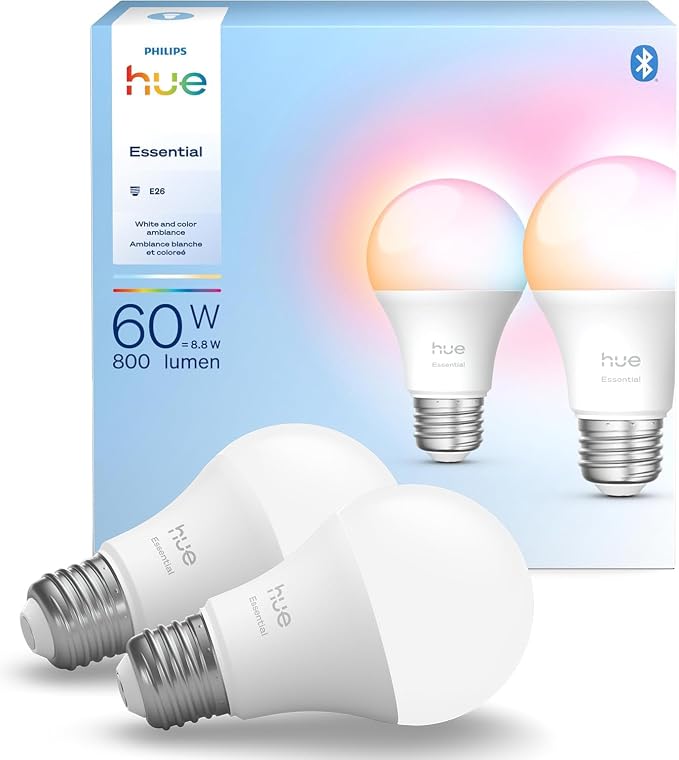 Philips HueEssential Smart LED A19 Bulb, White and Color Ambiance, E26 Base, 8.8W, 2200K-6500K, 800 Lumens, Dimmable, Works with Alexa, Google, and Apple Home, 2-Pack
