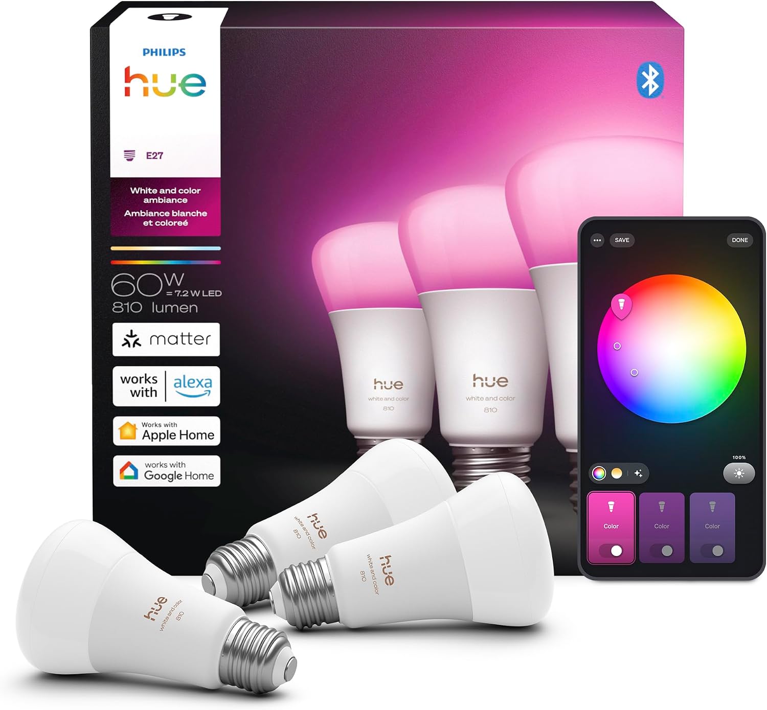 Philips HueSmart LED A19 Bulb, 3-Pack White & Color Ambiance, Full Spectrum Light 1000K-20000K, 810 Lumens, Dimmable, Works with Alexa, Google& Apple Home