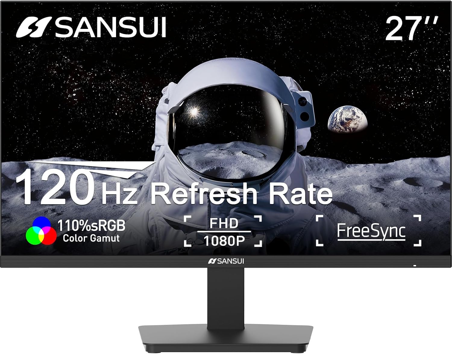 SANSUI 27 Inch Monitor,120Hz Computer Monitor Full HD 1920 x 1080P with HDMI DP Ports, 4000:1 Contrast, 110% sRGB, Eye Care, Frameless, 100 x 100mm VESA Mountable, for Work, Business, Gaming