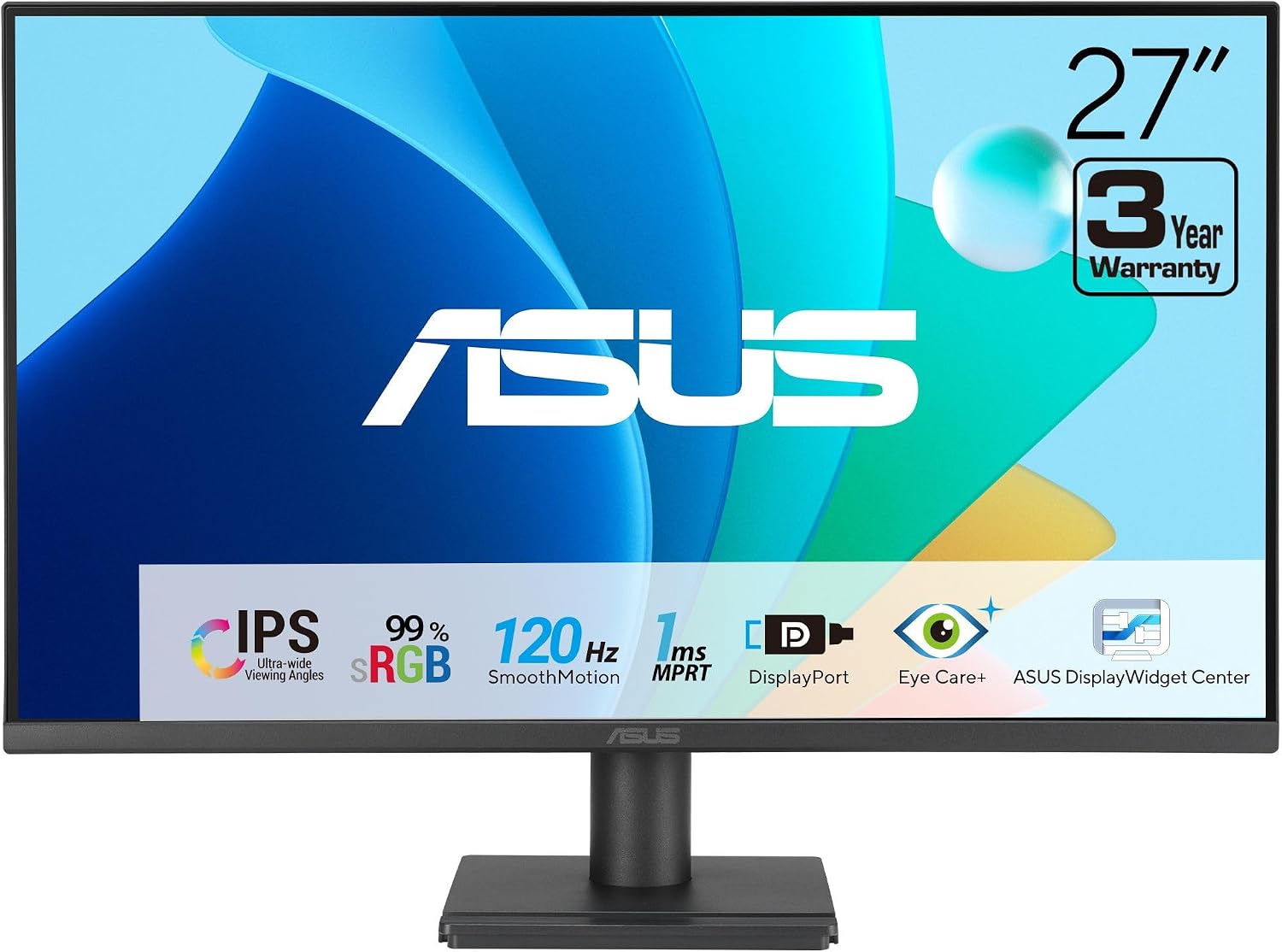 ASUS VA279QG 27 Inch 1080P 120Hz Eye Care Gaming Monitor, HDMI, DisplayPort IPS, Full HD, 99% sRGB, VGA, Frameless, Adaptive-Sync, 1ms, Speakers, Low Blue Light, Flicker Free, VESA Wall Mount