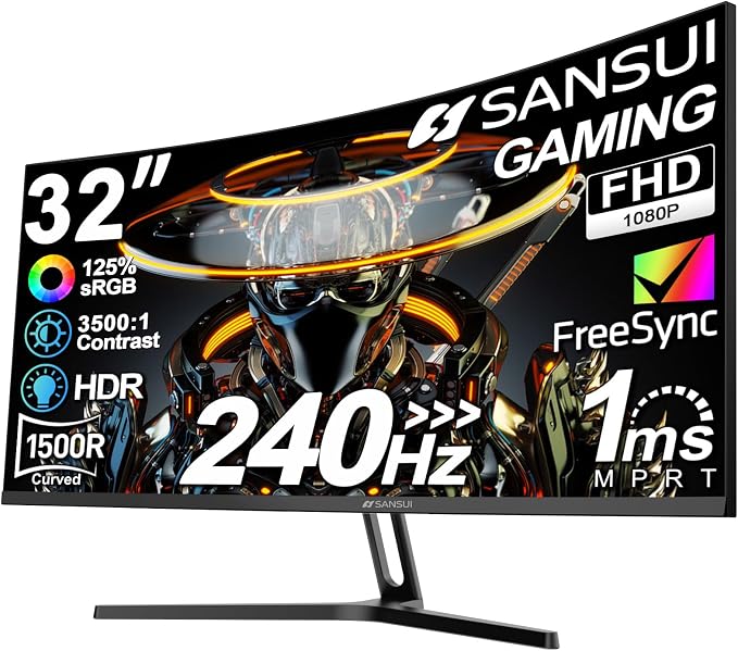 SANSUI 32 Inch Curved 240Hz Gaming Monitor High Refresh Rate, FHD 1080P Gaming PC Monitor HDMI DP1.4, 1500R Curvature, 1Ms MPRT, HDR,Metal Stand,VESA Compatible(DP Cable Incl.)