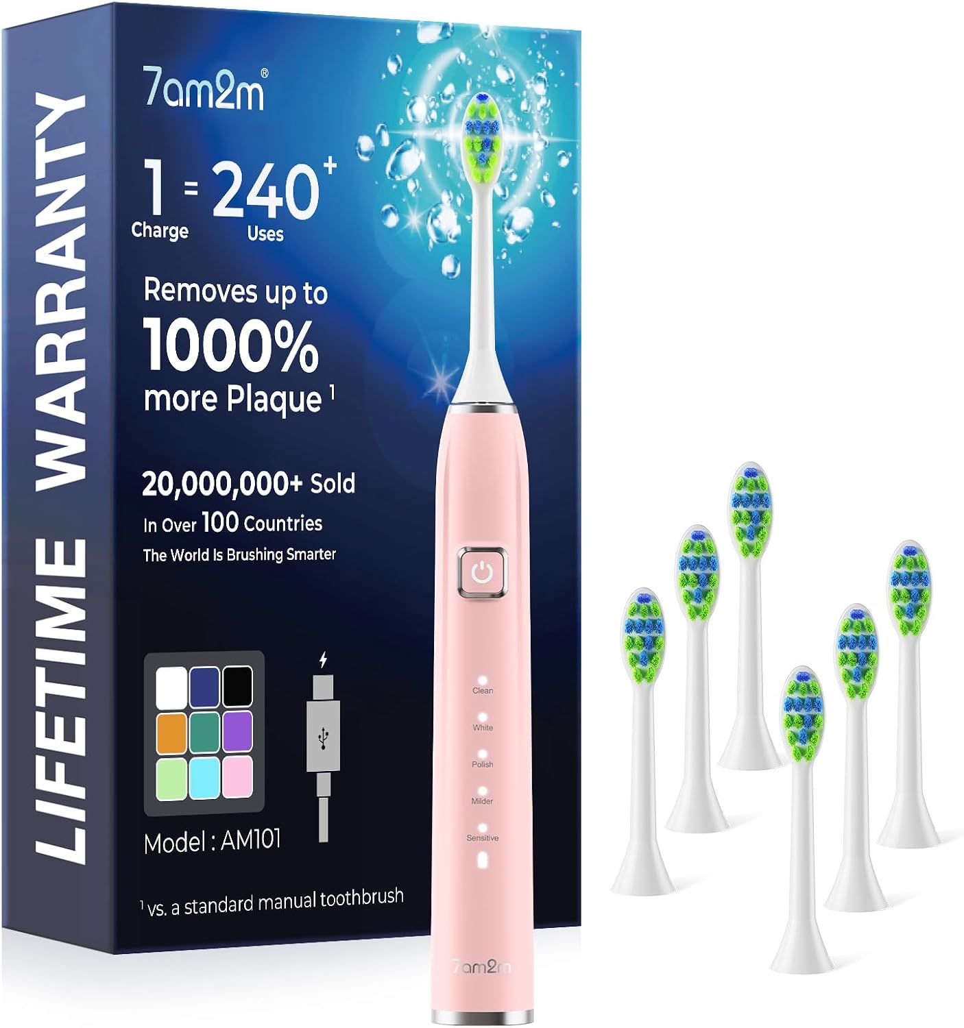 7AM2M Sonic Electric Toothbrush for Adults,Type-C Charging Run for 120 Days | 6 Brush Heads & 5 Modes, 4000...