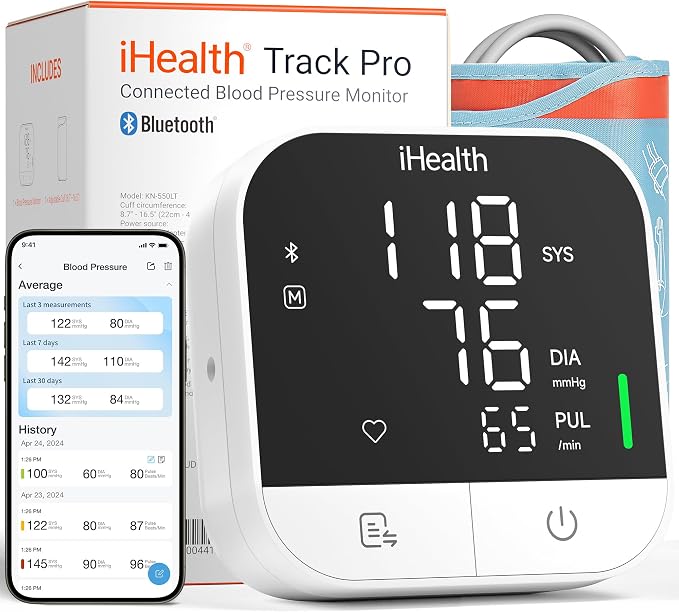 iHealth Track Pro Upper Arm Blood Pressure Monitor for Home Use App sync, Full-view LED Screen, 8.7-16.5 in Adjustable Cuff for Large Adults Arm, Body and Cuff Detection
