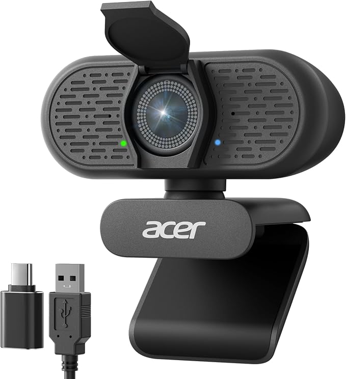 Acer A640 4K Webcam with AI Noise Canceling Mic for Streaming Meetings Sony 1/2.8" Sensor, PDAF Autofocus, 2K 1080P/60fps, A to C Adapter, Computer Camera for switch 2 Camera Teams Zoom Facetime