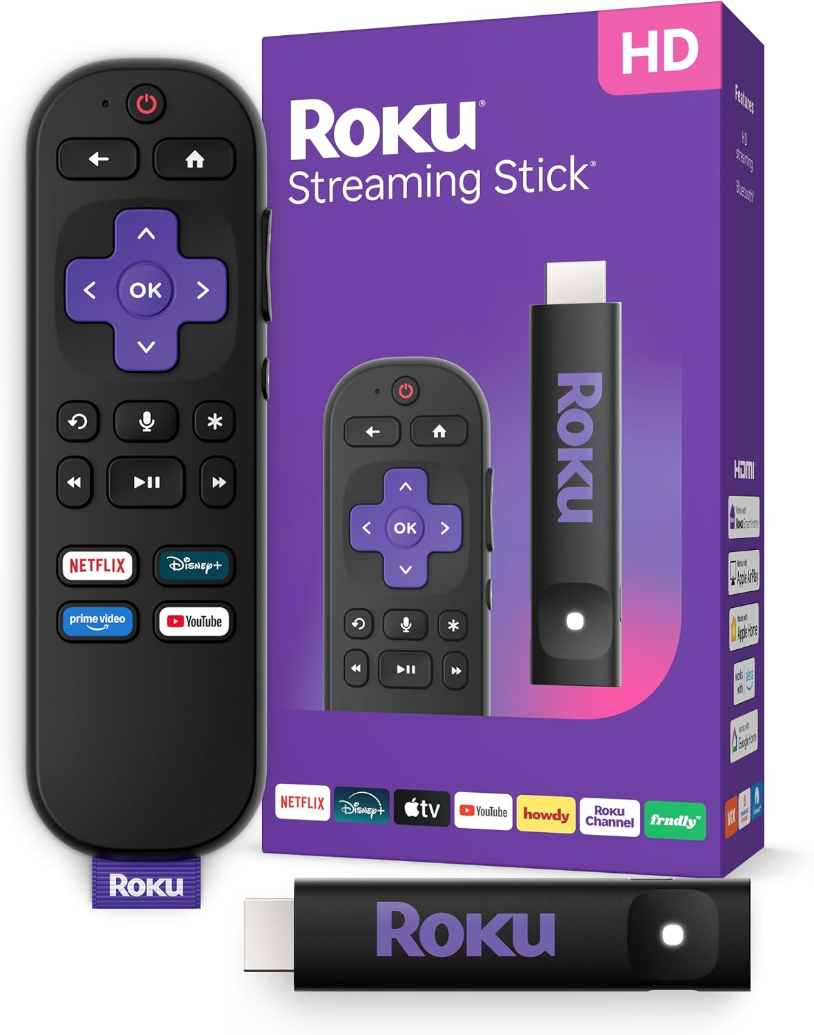 RokuStreaming Stick HD with Voice Remote | Compact 4K Streaming Device for TV with Roku Voice Remote & Long-Range Wi-Fi - Free & Live Local News, Sports