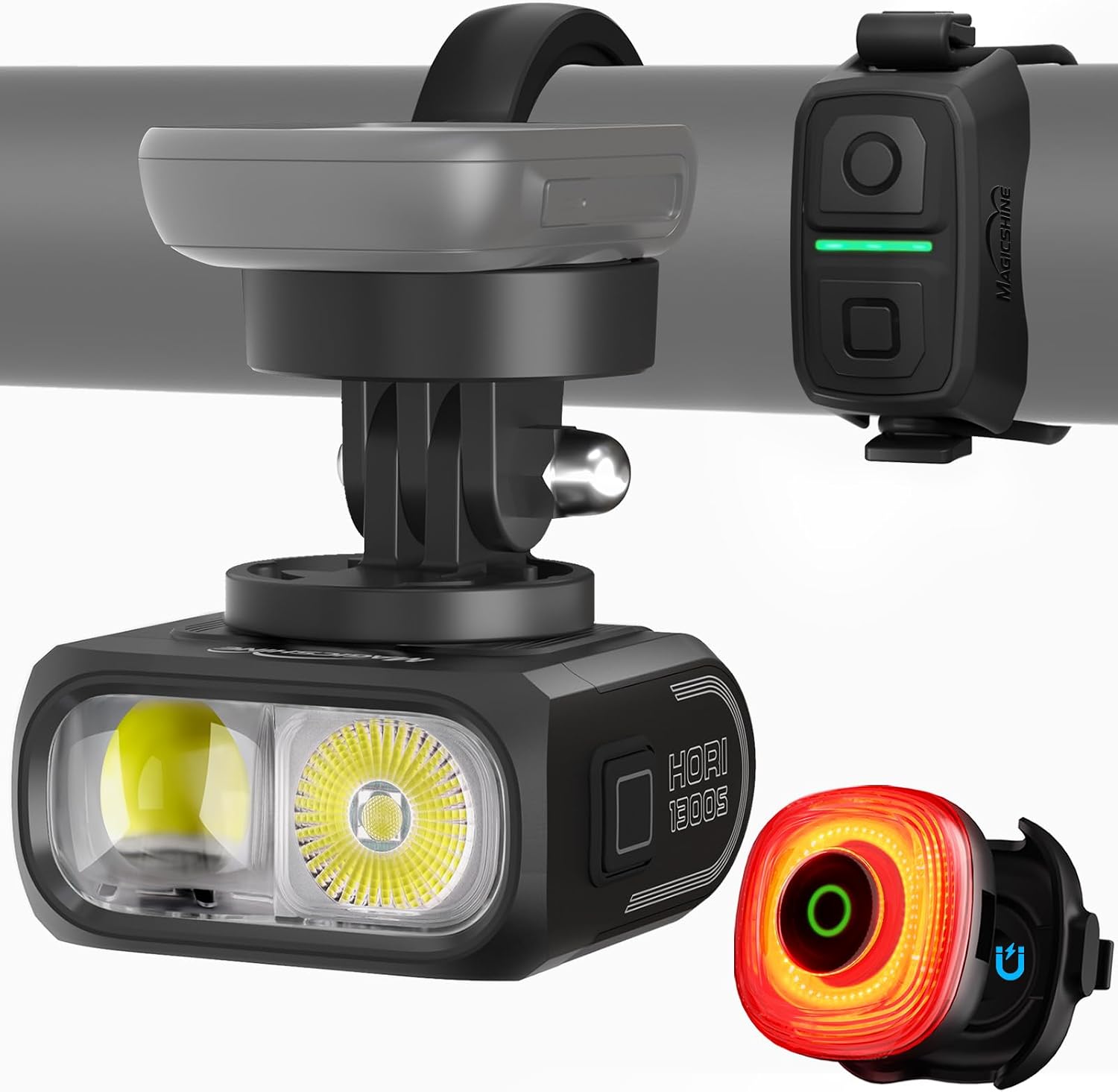 Magicshine HORI1300S & SEEMEE 150 MAG Bike Lights Front and Back, FTR LightSync One-Touch Control, 1300LM Front & 150LM Magnetic Rear Light, USB-C Rechargeable IPX6 Waterproof for Night Riding