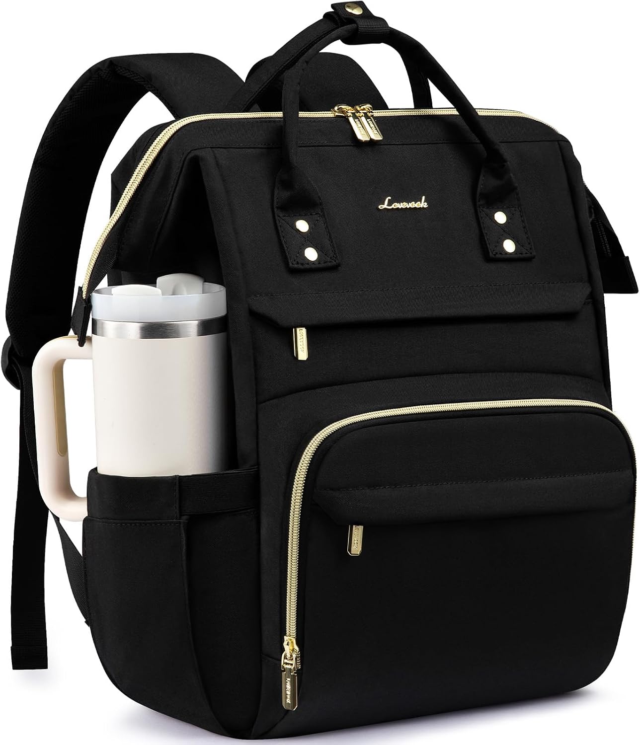 LOVEVOOK Laptop Backpack for Women with Giant Tumbler Holder Pocket,15.6 inch Waterproof Travel Backpack Purse Computer Laptop Bag,Professional Work College Nurse Teacher Backpack Casual Daypack,Black