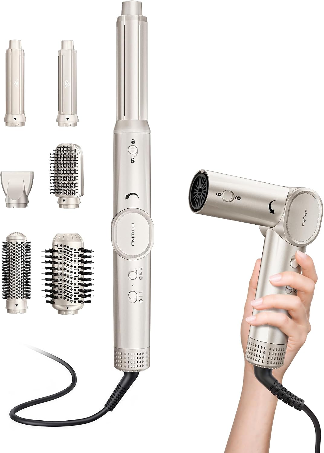 6 in 1 Air Hair Styler Blow Dryer Brush Set - High Speed Negative Ions Hair Dryer 110,000 RPM with Auto Wrap Curlers - No Heat Damage for Curling, Volumizing, Straightening - Champagne Gold
