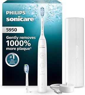 Philips Sonicare 5950 Rechargeable Electric Toothbrush, 2 Brush Head, White 1000% More Plaque Removal¹, Pressure Sensor, 6 Brush Settings, 21-Day Battery, Includes Travel Case, HX7130/03