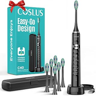 COSLUS C40 Sonic Electric Toothbrush for Adults & Family, Black, 1PC 47000VPM Deep Cleaning, Portable Travel Case - 5 Modes for Sensitive Teeth & Brace, Wireless Charging, 6 Brush Heads