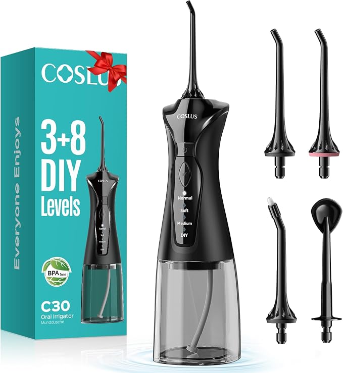 COSLUS C30 Water Dental Flosser, Upgraded DIY Mode, Black, 1Pcs 300ML Larger Tank, 4 Modes Portable Teeth Pick for Family Gentle & Precision Oral Care, Cordless Portable for Home Travel Use