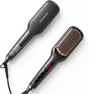 MEGAWISE Hair Straightener Brush, Ionic Ceramic Hair Straightening Brush for Frizzy Thick Hair, Heated Straightening Brush with MCH Fast Heat-Up, Anti-Scald, Auto Shutoff, Dual Voltage, Black
