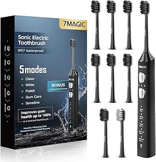 7MAGIC Sonic Electric Toothbrush, 180-Day Runtime, 42000VPM, 8 Heads, Black For Adults & Kids, 5 Modes, 3 Intensities, Sensitive Teeth & Braces Care, Smart Timer, IPX7 Waterproof, USB-C Charging