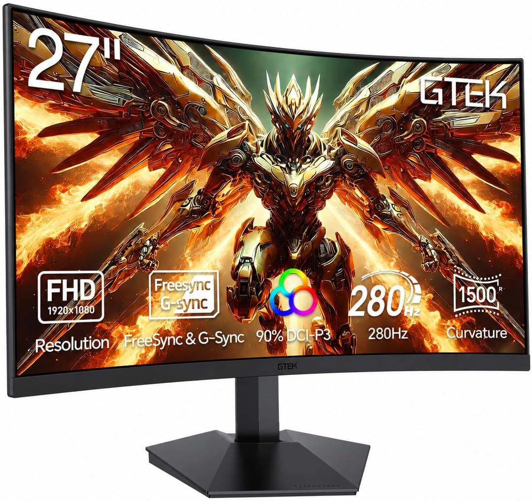 GTek 27 Inch Curved Gaming Monitor 280Hz/240Hz FHD 1080P, 1500R Curved VA Display, 1ms MPRT, FreeSync, HDR, DP 1.4 & HDMI, VESA Compatible PC Monitor for Gaming, Streaming & Home Office