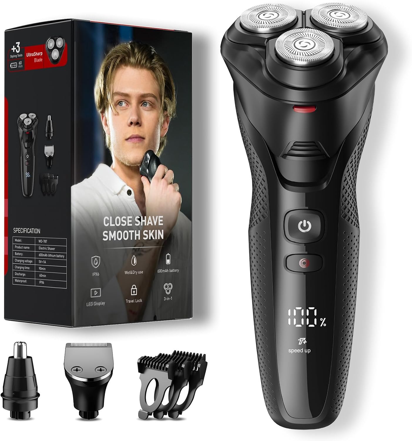 π-π’π§-π Electric Razor for Men: IPX7 Travel Grooming Kit 2-Speed Motor & LED Display - Shavers for Men with 5D Floating Blades & Precision Blade for Beard / Nose Hair / Sideburns