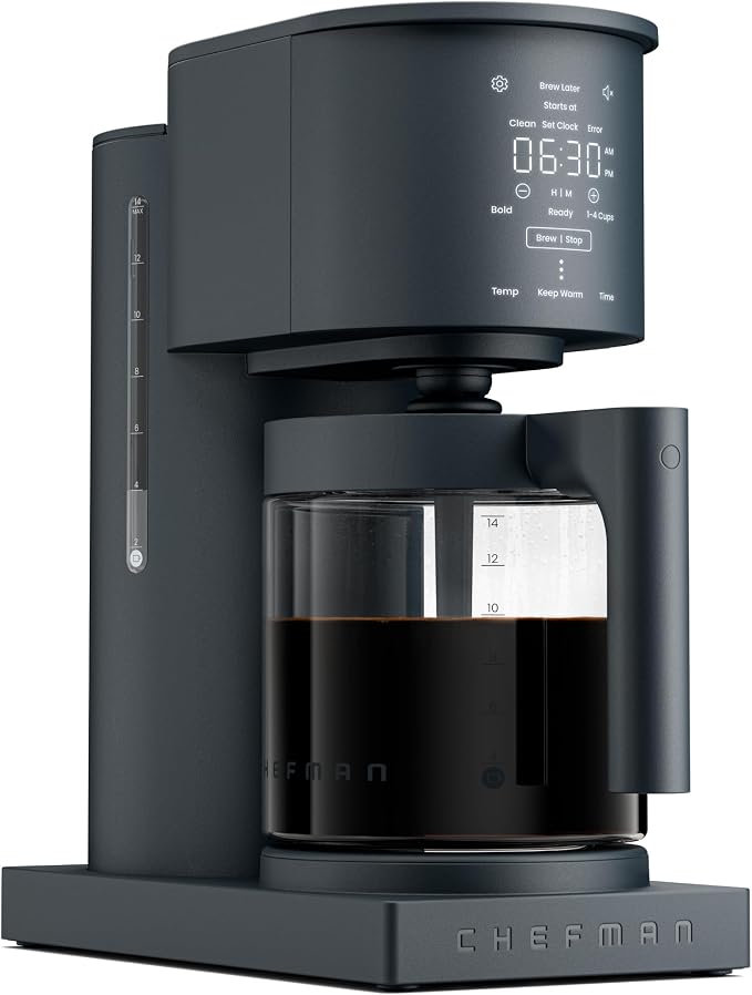 Chefman Caffeinator Programmable Drip Coffee Maker, 14-Cup Glass Carafe with 1-4 Cup Brewing, Classic & Bold Settings, 24-Hour Timer, Customizable Warming Plate, Reusable GoldTone Filter - Midnight