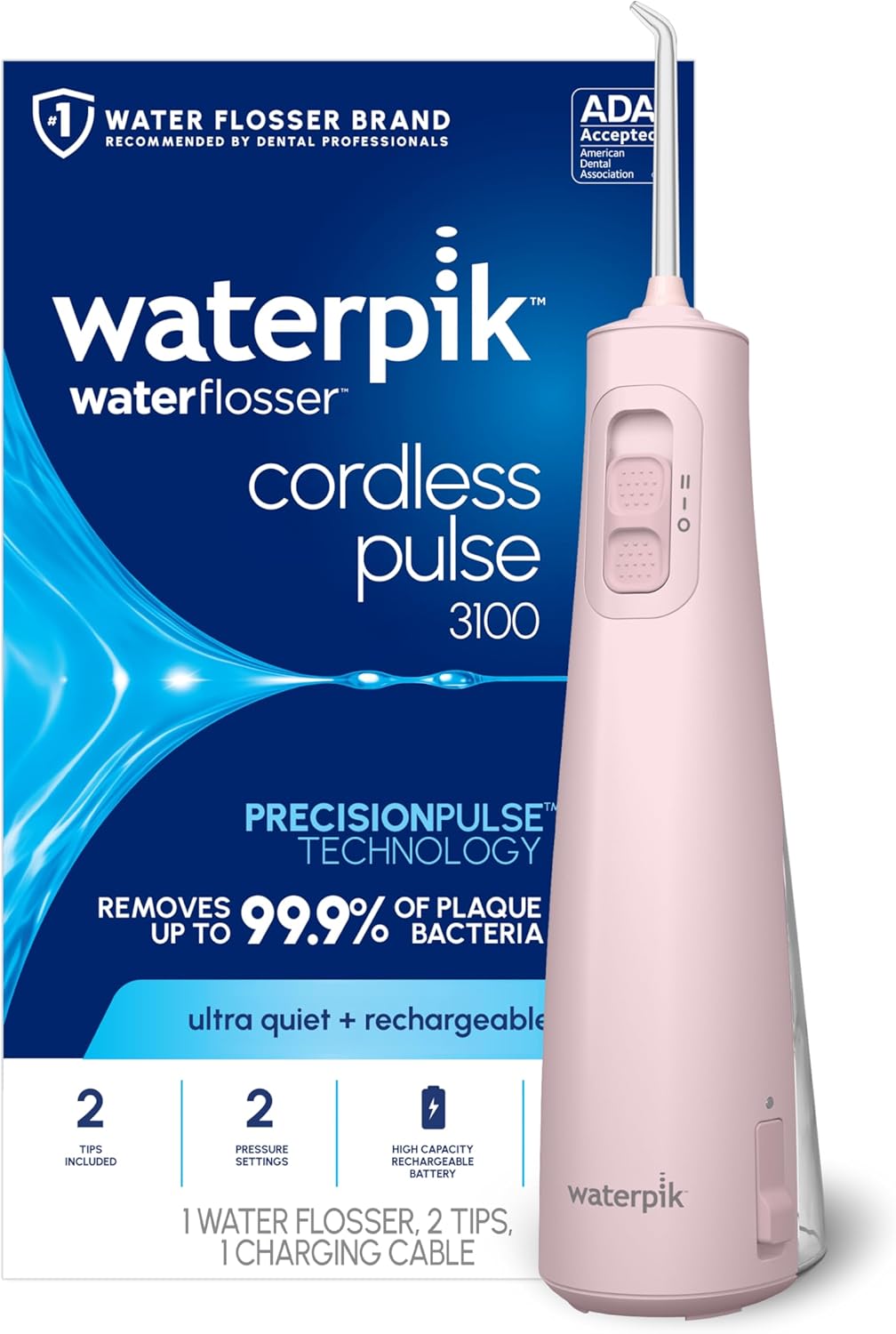 Waterpik Cordless Pulse 3100 Portable Water Flosser, Rechargeable, Pink | 2 Settings, 1 Precision Tip & 1 T...