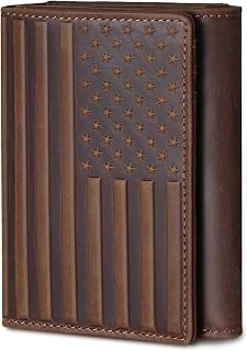 Pefiam Trifold Leather Wallet for Men RFID Blocking – Mens Trifold Wallet Leather with 12 Card Slots, Gift for Men, American Flag Wallet Dark Brown