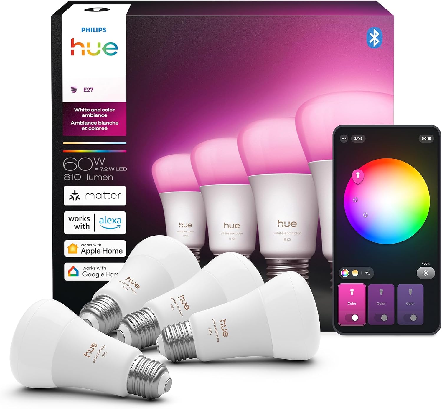 Philips HueSmart LED A19 Bulb 4-Pack, White Color Ambiance, E26 Base, 7.2W, Full Spectrum Light 1000K-20000K, 810 Lumens, Dimmable, Works with Alexa, Google,& Apple Home