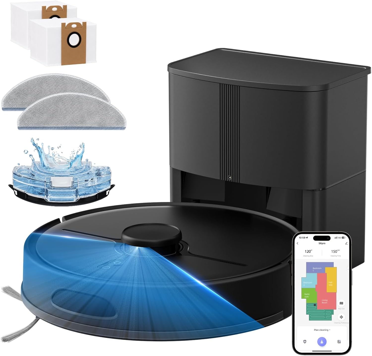 Robot Vacuum and Mop, 8000Pa, Up to 70-Day Self-Emptying Station 2.6L Dust Bag, Smart LiDAR Mapping, Anti-Tangle Brush for Pet Hair, App & Voice Control, 180-Min Runtime