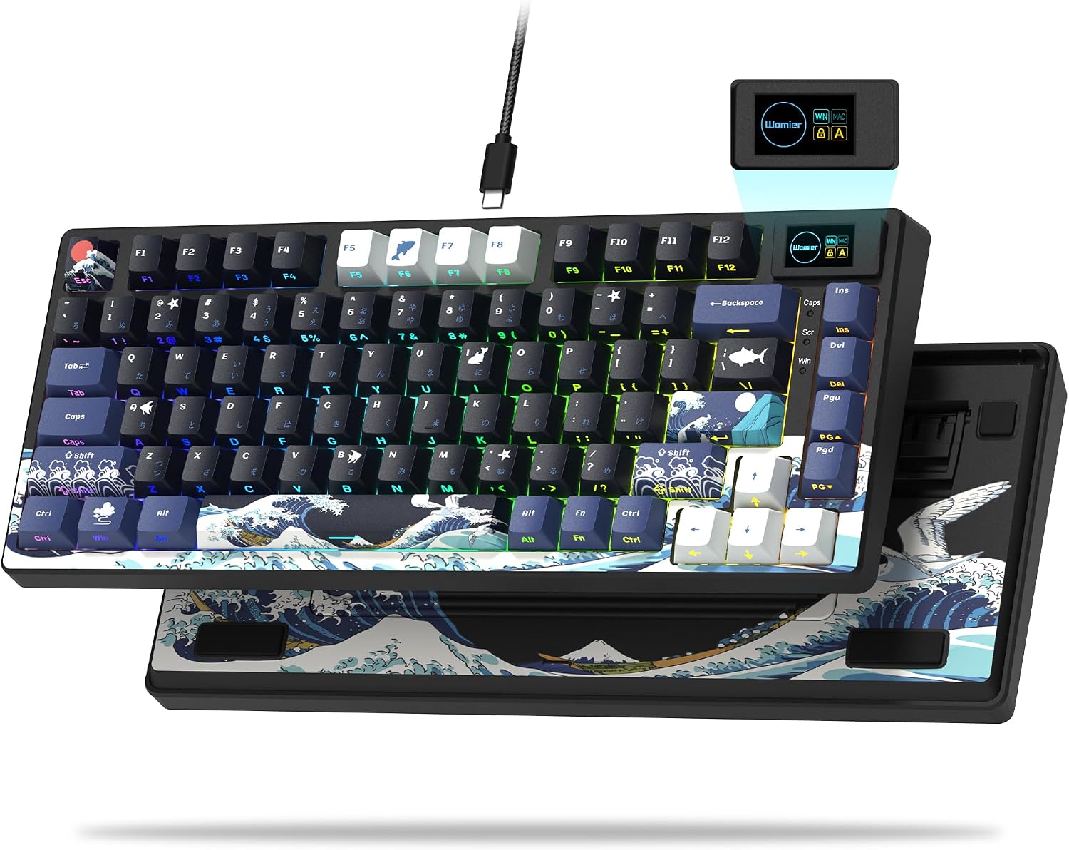 Womier SK80 75% Keyboard with Color Multimedia Display Gaming Keyboard Creamy Sound Mechanical Wired Hot Swappable Gasket RGB Custom Key board, Pre-lubed Stabilizer for Mac/Win, Black Kanagawa
