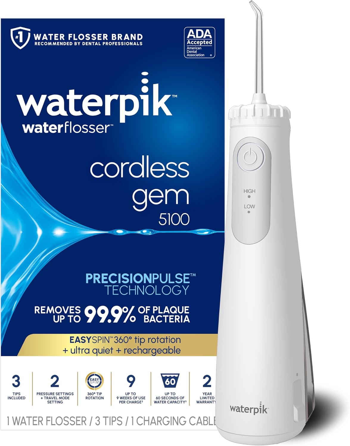 Waterpik Cordless Gem 5100 Portable Water Flosser, Rechargeable, White | 2 Settings, 3 Tips, Travel Mode & ...