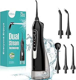 COSLUS ADA Accepted C20 Water Dental Flosser Pick, Professional Set Black 300ML Larger Tank, Portable Rechargeable Dental Oral Irrigator for Orthodontic & Sensitive Gums, Cordless for Travel, Family