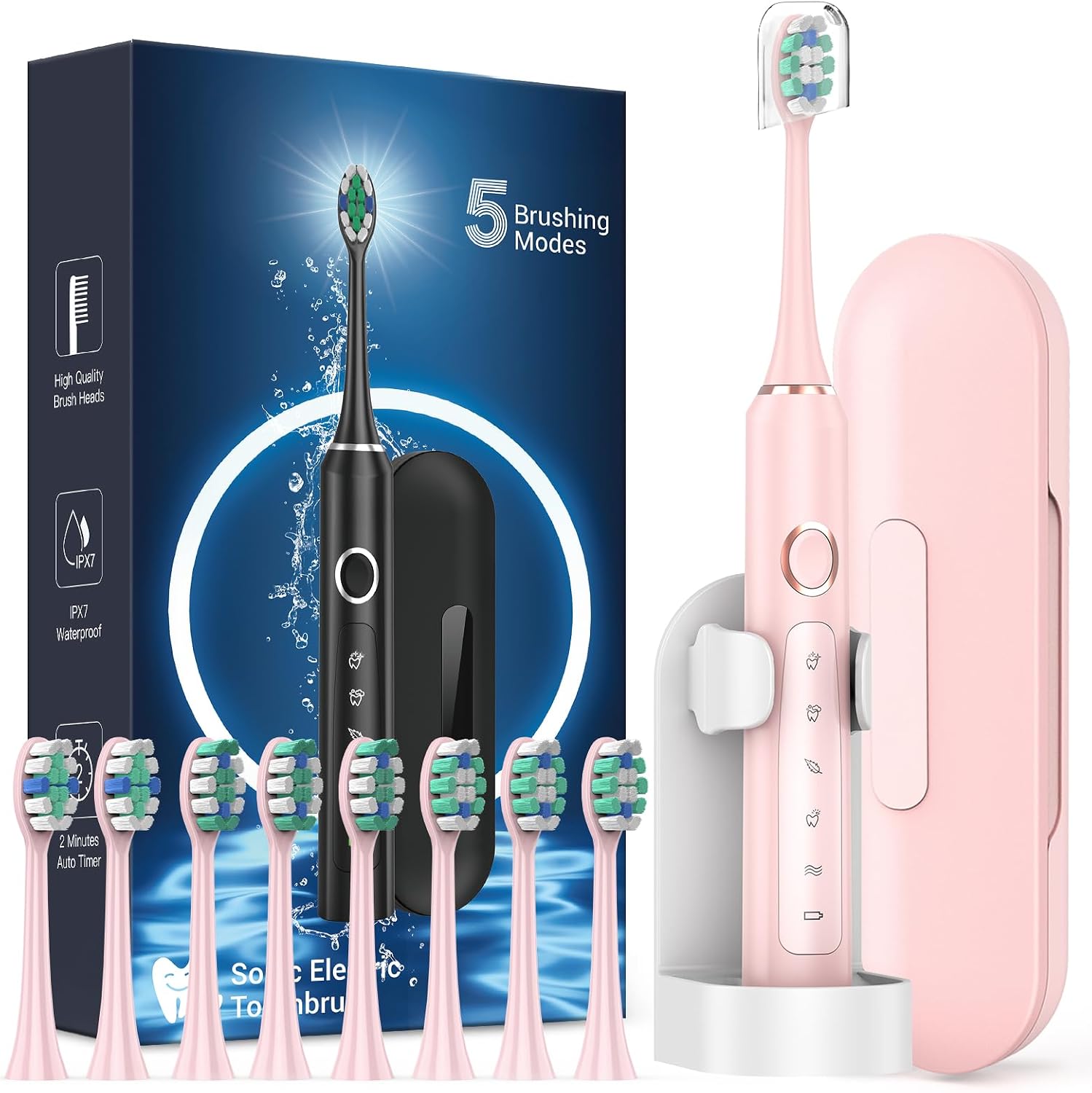 M5 Sonic Electric Toothbrush for Adults and Kids - Rechargeable Electric Toothbrush Kids Ages 12+ and Adults with 8 Brush Heads & Travel Case, 120 Days Battery Life - Pink