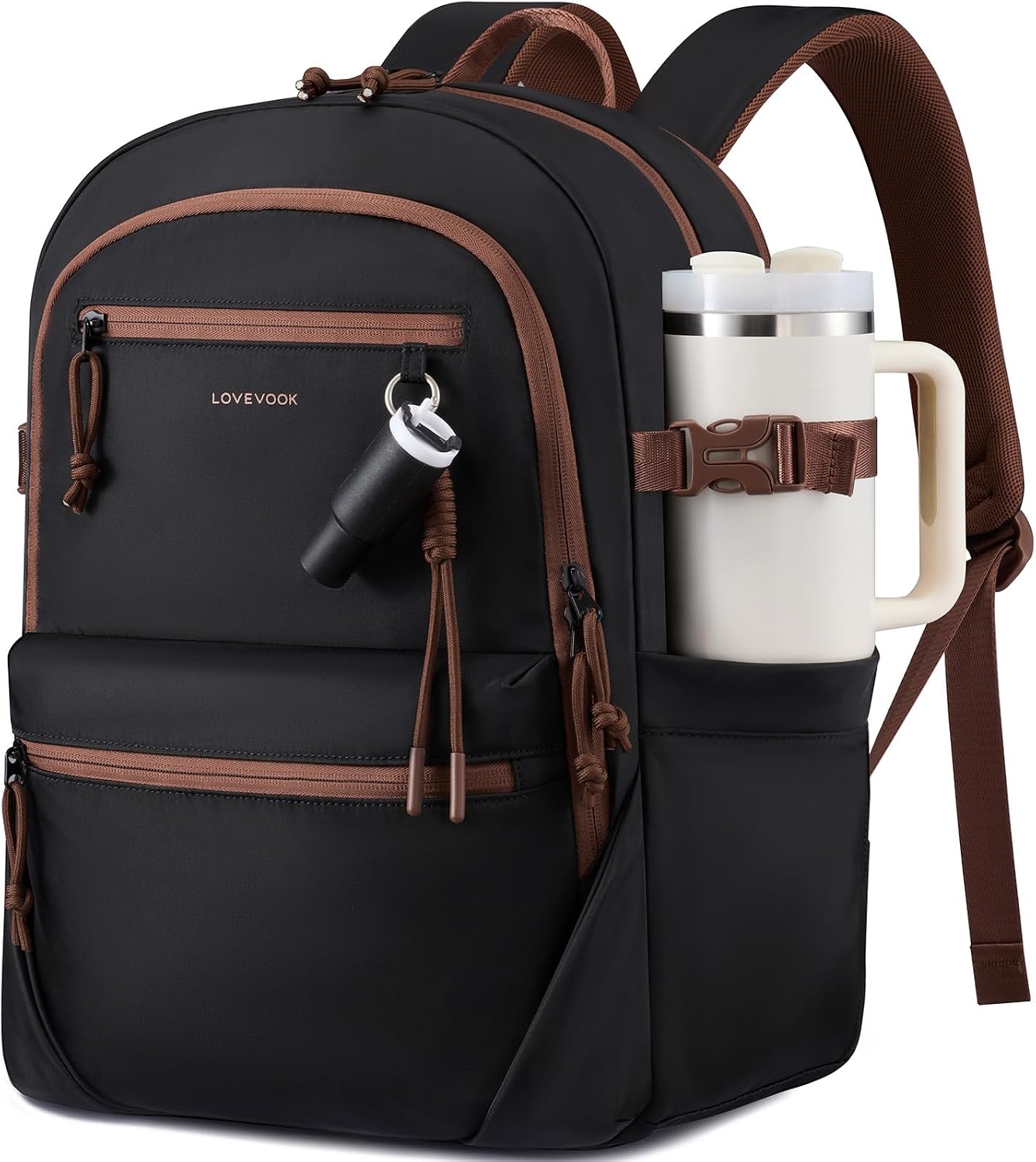 LOVEVOOK Laptop Backpack with Cute Pendant,15.6 Inch Travel Work Backpack Computer Laptop Bag with Large Cup Holder,Waterproof Nurse Teacher College Carry on Backpack Purse,Gifts for Women & Men,Black