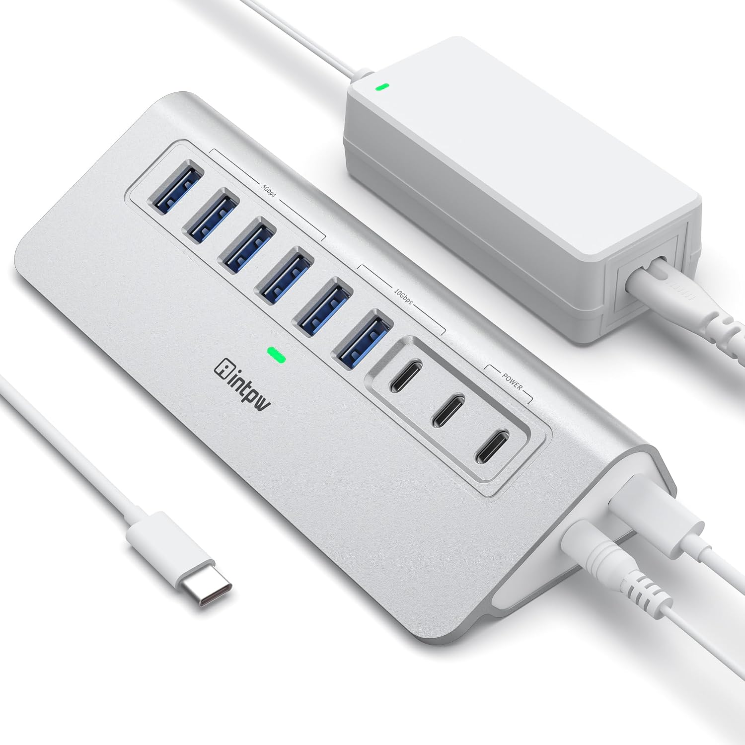 intpw Powered USB Hub 10Gbps, 9-Port USB 3.2/USB C Hub, 65W Power Adapter | 2 USB-A 3.2 + USB-C 3.2 , 2 PD ...