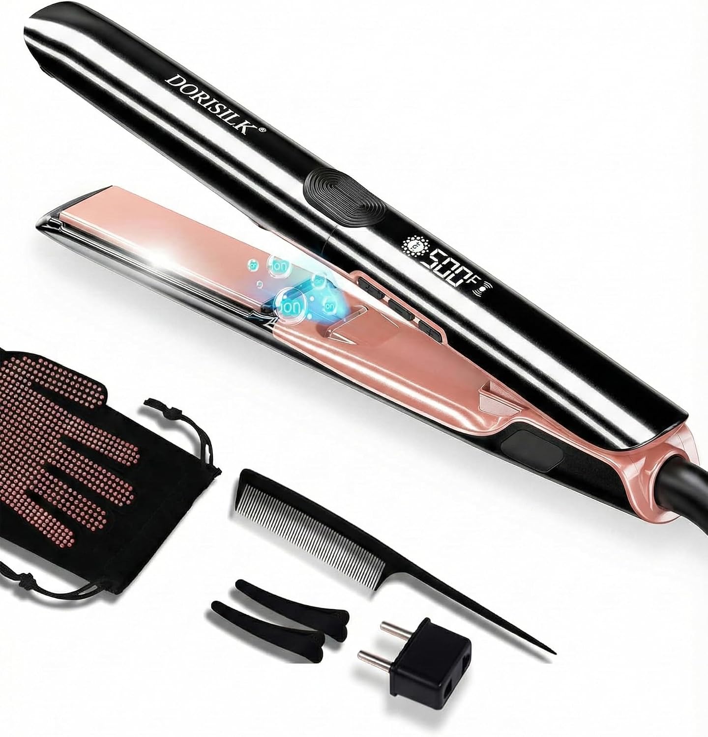DORISILK 500 Degree High Temp Professional Hair Straightener,30s Fast Heating Ceramic Flat Iron ,2 in 1 Hair Straightener and Curler,Plasma Flat Iron Get Frizz-Free ,Dual Voltage for Travel Using 1 inch