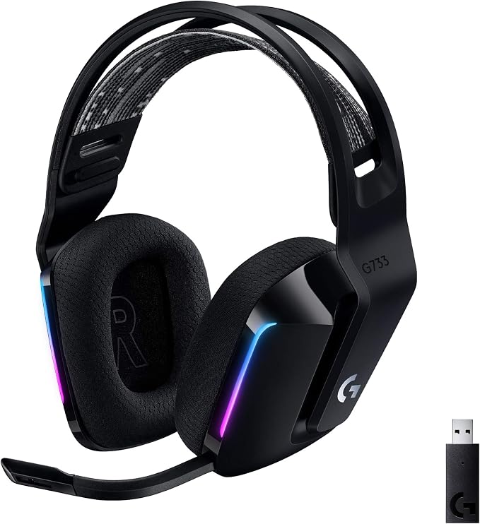 Logitech G733 Lightspeed Wireless Gaming Headset - Black Suspension Headband, Blue VO!CE Mic, PRO-G Audio, PC, PS5, PS4, Switch Compatible