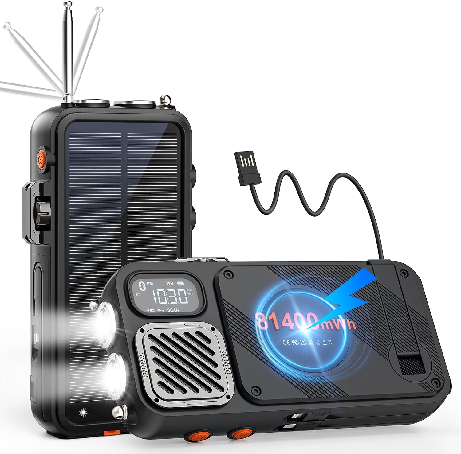 22000mAh Emergency Weather Radio, Solar Hand Crank, NOAA FM (Orange) | Wireless phone charging, USB-C power...
