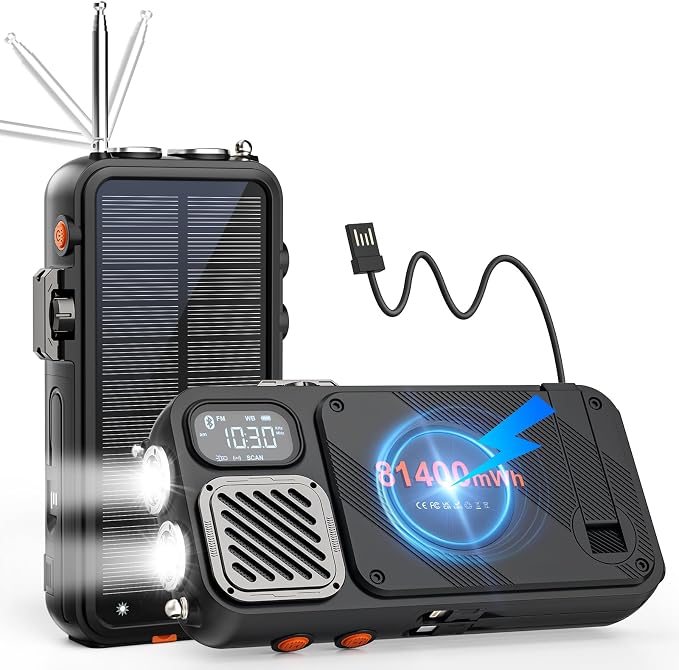 22000mAh Emergency Weather Radio, Solar Hand Crank, NOAA FM (Orange) | Wireless phone charging, USB-C power...