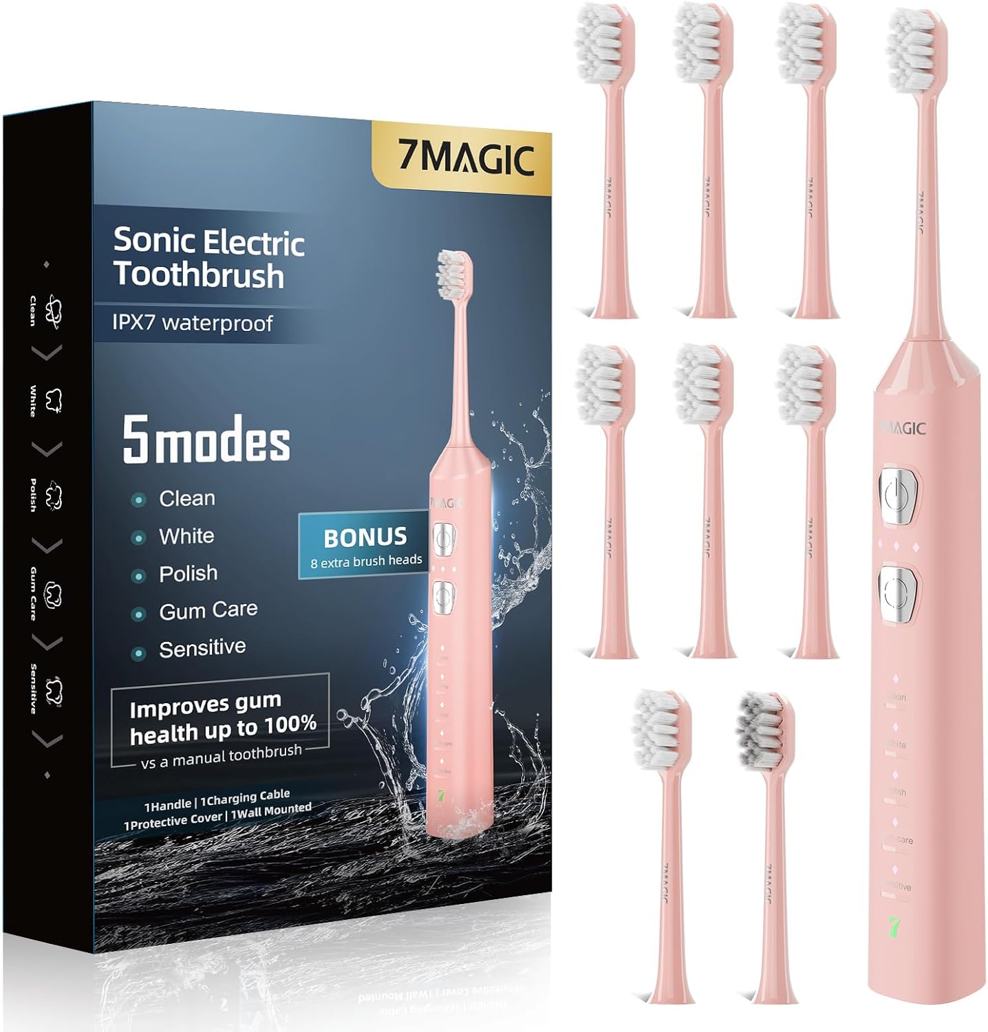 7MAGIC Sonic Electric Toothbrush, 180-Day Runtime, 42000 VPM, 8 Heads, Pink | For Adults & Kids, 5 Modes, 3...